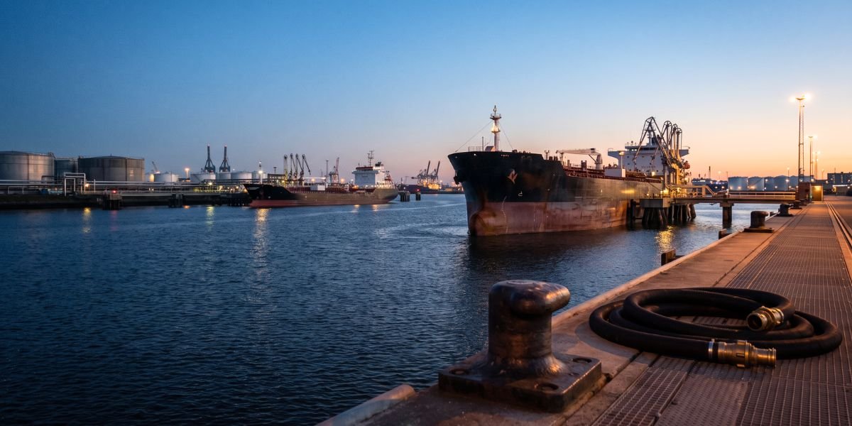 Cargo tanker approaching a jetty with loading arms at dusk, coiled marine hose and mooring bollard in the foreground, illustrating CIF petroleum delivery.