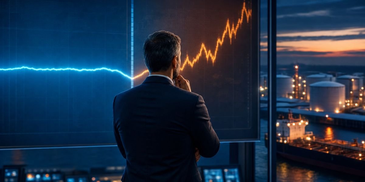 Business executive weighing a steady fixed fuel price line against a volatile floating price line on trading screens, with a fuel terminal at dusk — fixed vs floating fuel pricing decision.