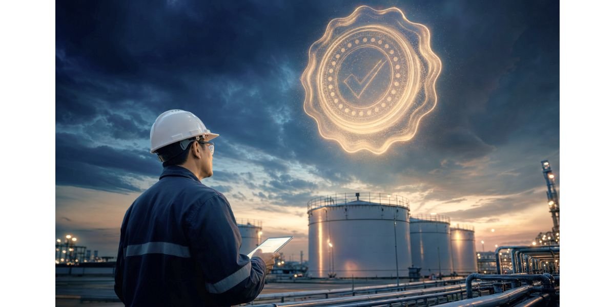 Oil industry professional in safety gear reviewing digital information at a petroleum storage facility, with a quality certification symbol representing ISO standards, compliance, and operational excellence.